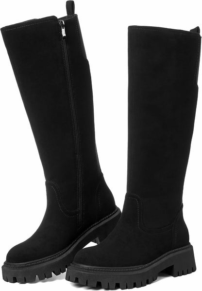 CELNEPHO Women Wide Calf Knee High Riding Boots Low Heel Platform Boots