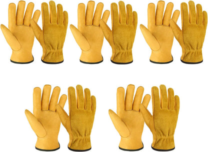 OZERO Leather Work Gloves Flex Grip Tough Cowhide Gardening Glove for Wood Cutting/Construction/Driving/Garden for Men and Women 1 Pair (Gold,Large)