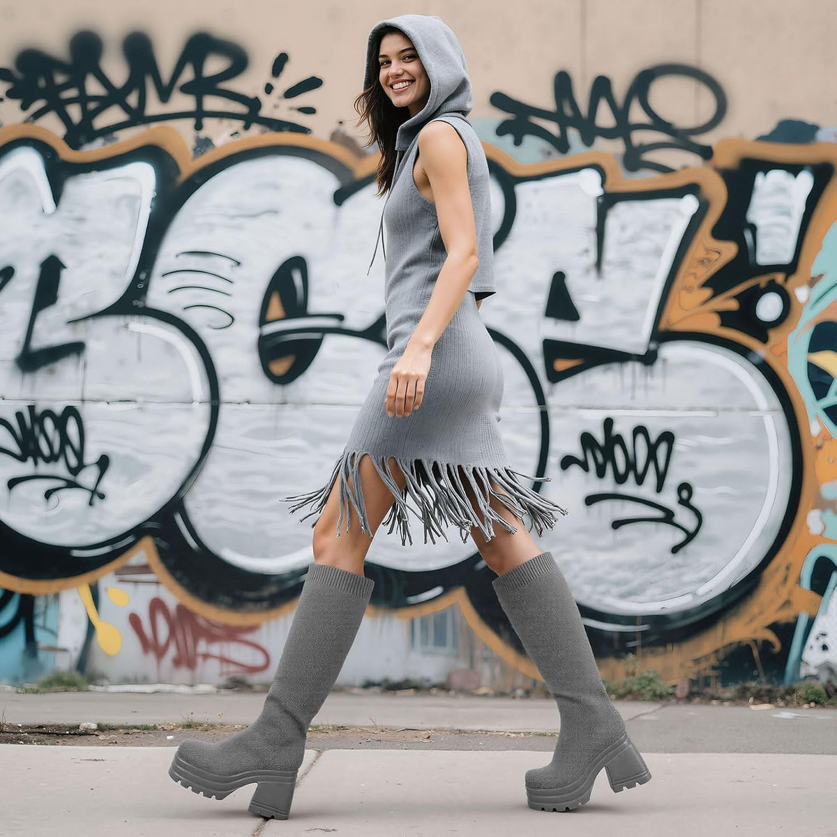 CELNEPHO Women Knee High Boots Knit Sock Chunky Heel Platform Tall Boots