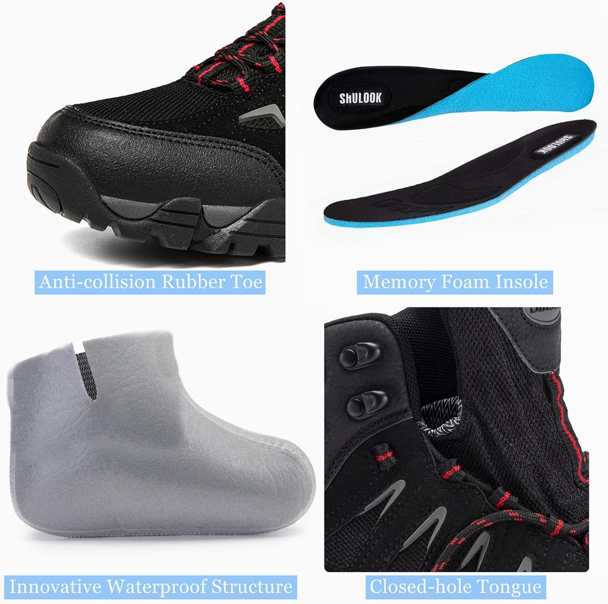 SHULOOK Men's Waterproof Hiking Boots Non-Slip Lightweight Mid Top Ankle Boot Breathable Hiker Trekking Shoes