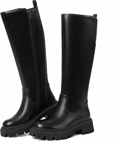 CELNEPHO Women Wide Calf Knee High Riding Boots Low Heel Platform Boots