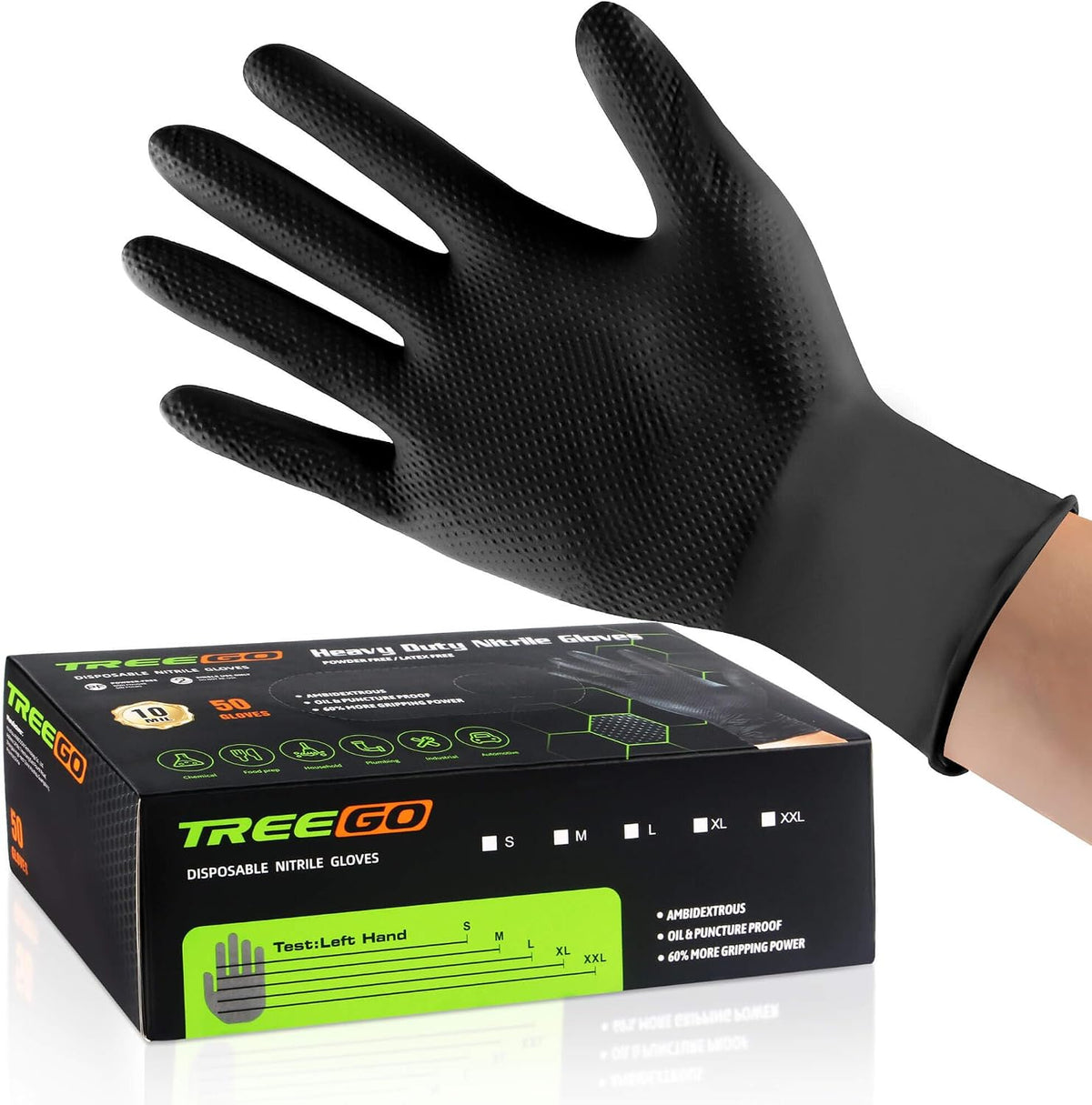 TREEGO 10 Mil Heavy Duty Black Nitrile Mechanic Gloves, 50 Count XL