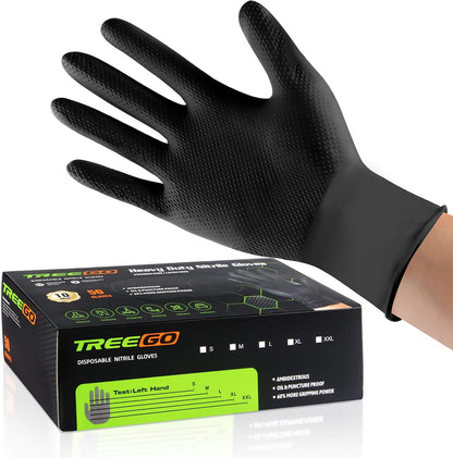 TREEGO 10 Mil Heavy Duty Black Nitrile Mechanic Gloves, 50 Count XL