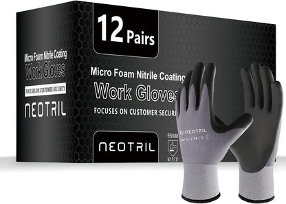 NEOTRIL Safety Work Gloves MicroFoam Nitrile Coated-3/6/12/36 Pairs,Breathable Nylon Working Gloves for Men Women