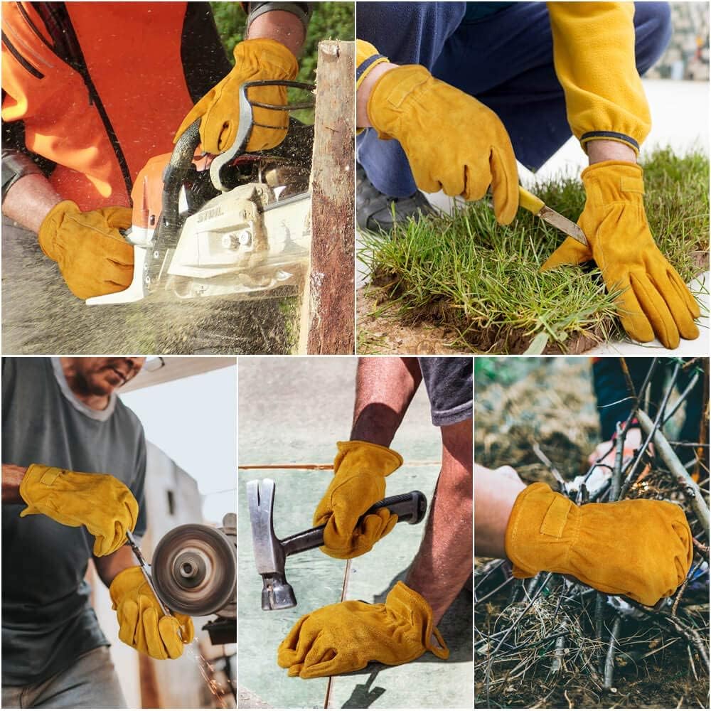 OZERO Leather Work Gloves Flex Grip Tough Cowhide Gardening Glove for Wood Cutting/Construction/Driving/Garden for Men and Women 1 Pair (Gold,Large)
