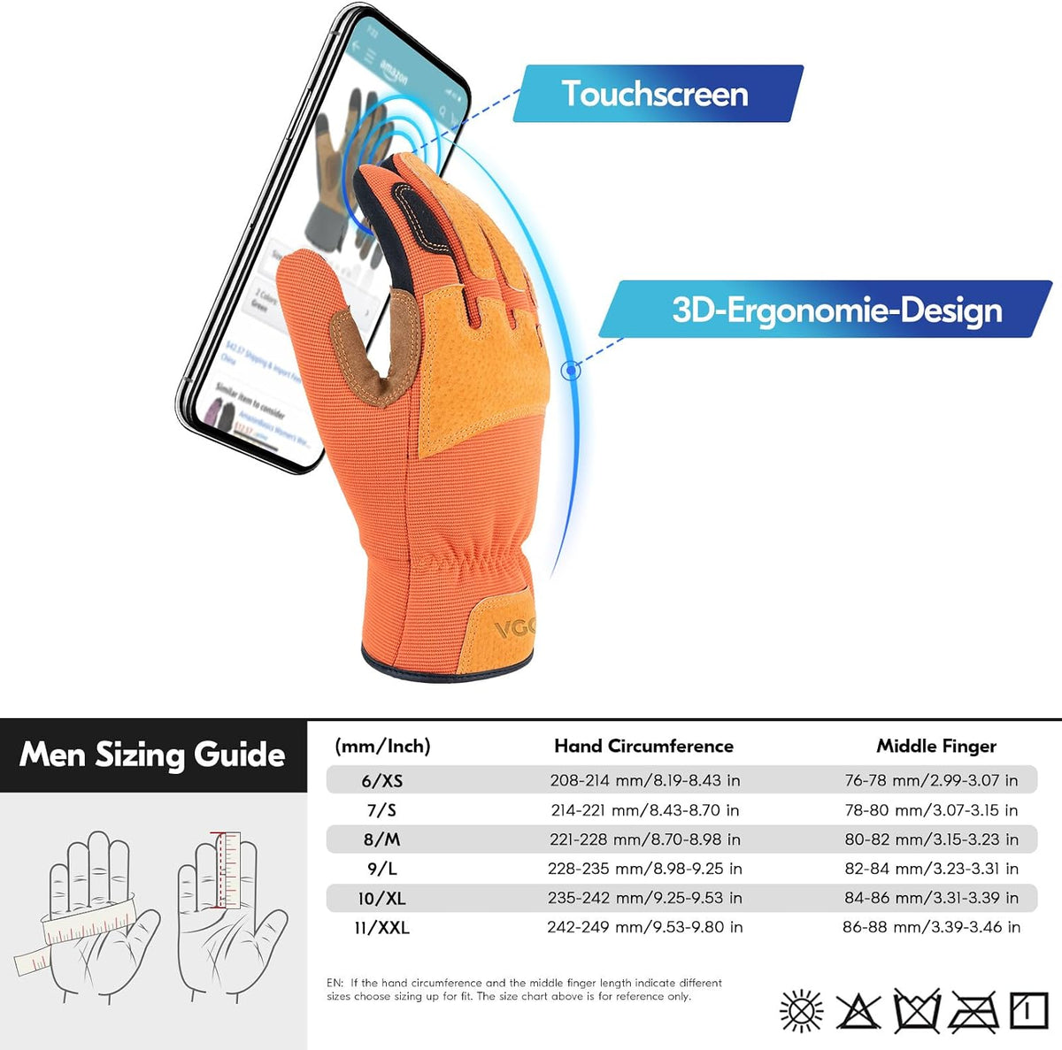 Vgo... Gardening Work Gloves for Men,Thornproof,Touchscreen(SL7475,S)