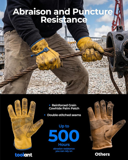 toolant DRIHIDE Leather Work Gloves, Water Resistant Top Grain Cowhide, Durable & Comfortable for Gardening, Ranching