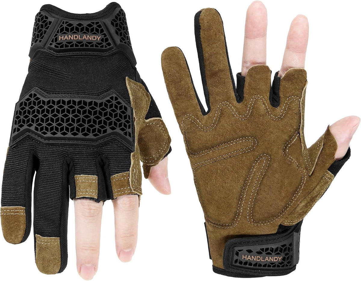 HANDLANDY Fingerless Work Gloves for Mens & Women, Uwrist Half Finger Shock-Absorbing Breathable Glove