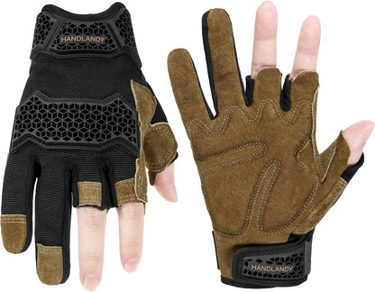 HANDLANDY Fingerless Work Gloves for Mens & Women, Uwrist Half Finger Shock-Absorbing Breathable Glove