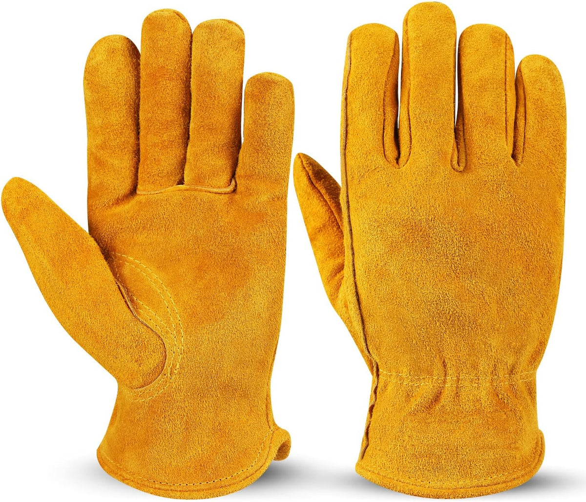OZERO Leather Work Gloves Flex Grip Tough Cowhide Gardening Glove for Wood Cutting/Construction/Driving/Garden for Men and Women 1 Pair (Gold,Large)