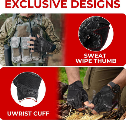 HANDLANDY Fingerless Work Gloves for Mens & Women, Uwrist Half Finger Shock-Absorbing Breathable Glove
