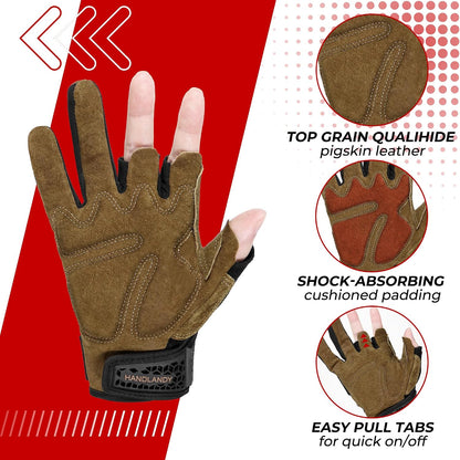 HANDLANDY Fingerless Work Gloves for Mens & Women, Uwrist Half Finger Shock-Absorbing Breathable Glove