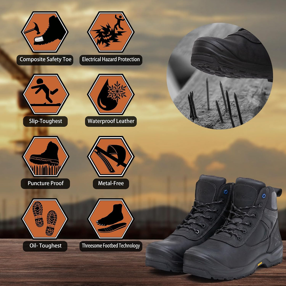 MWORK 6" Safety Work Boots For Men Water Resistant Composite Toe Puncture Resistant EH Non Slip No Metal ASTM F2413-18 Comfortable&Durable MW9276