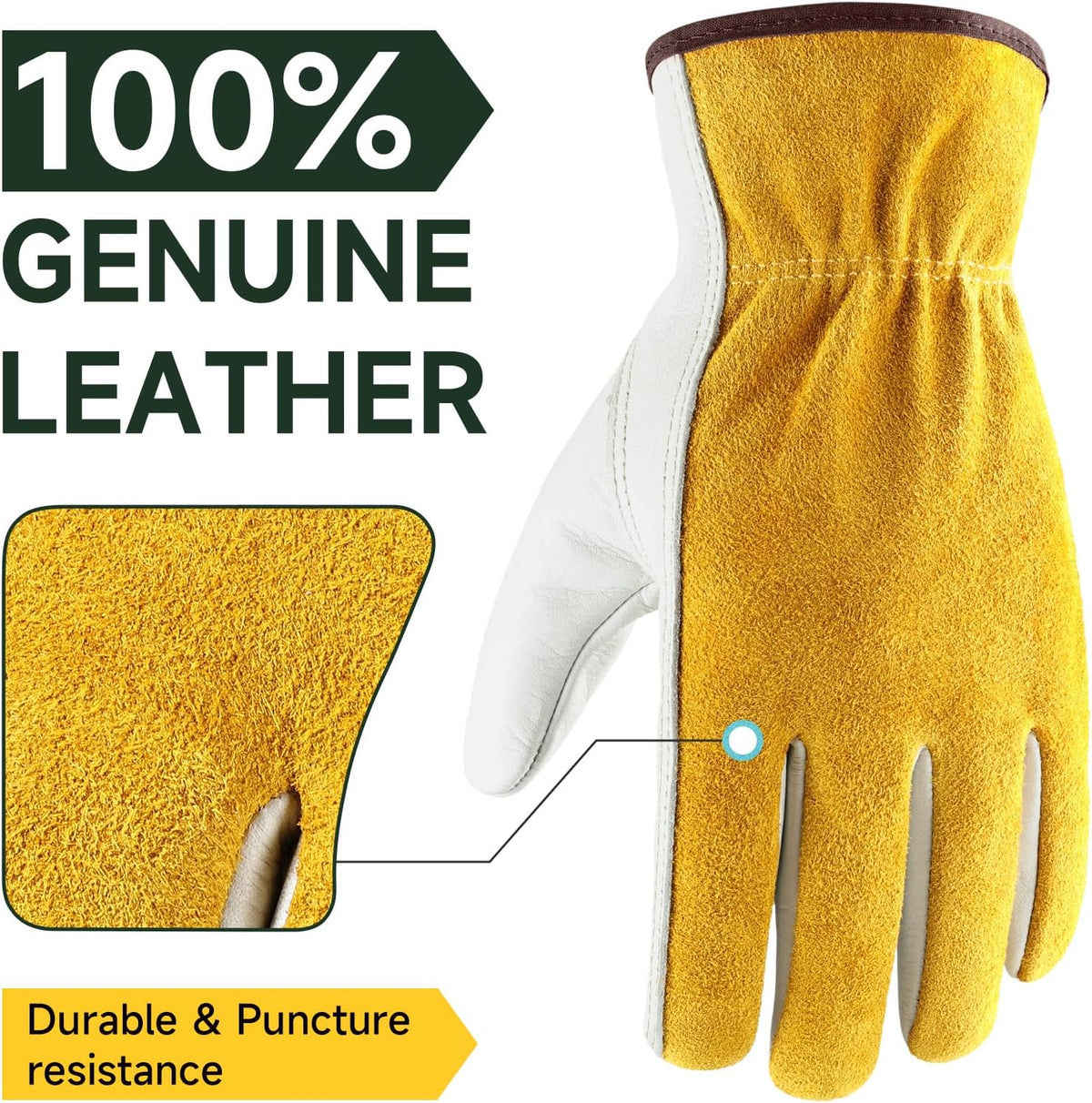 OZERO Leather Work Gloves Flex Grip Tough Cowhide Gardening Glove for Wood Cutting/Construction/Driving/Garden for Men and Women 1 Pair (Gold,Large)