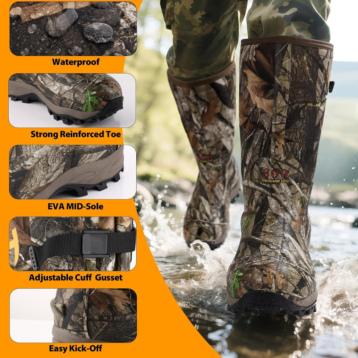 Hunthor 800g Insulated Hunting Boots for Men, Waterproof Rubber Boots