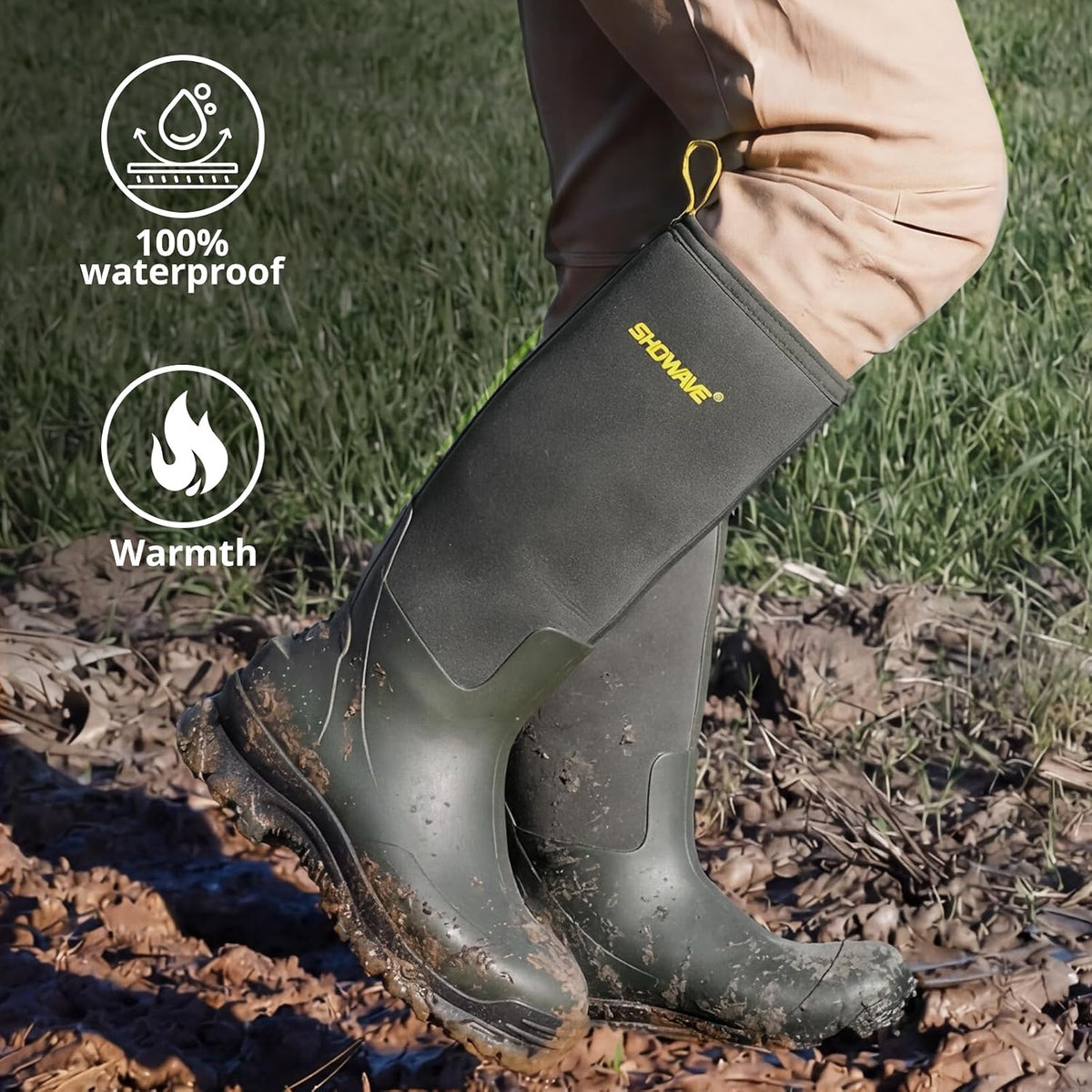 Showave Men's Rubber Boots Knee High Waterproof Insulated Rain Boots