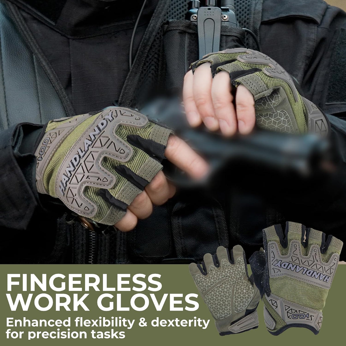 HANDLANDY Fingerless Work Gloves for Mens & Women, Uwrist Half Finger Shock-Absorbing Breathable Glove