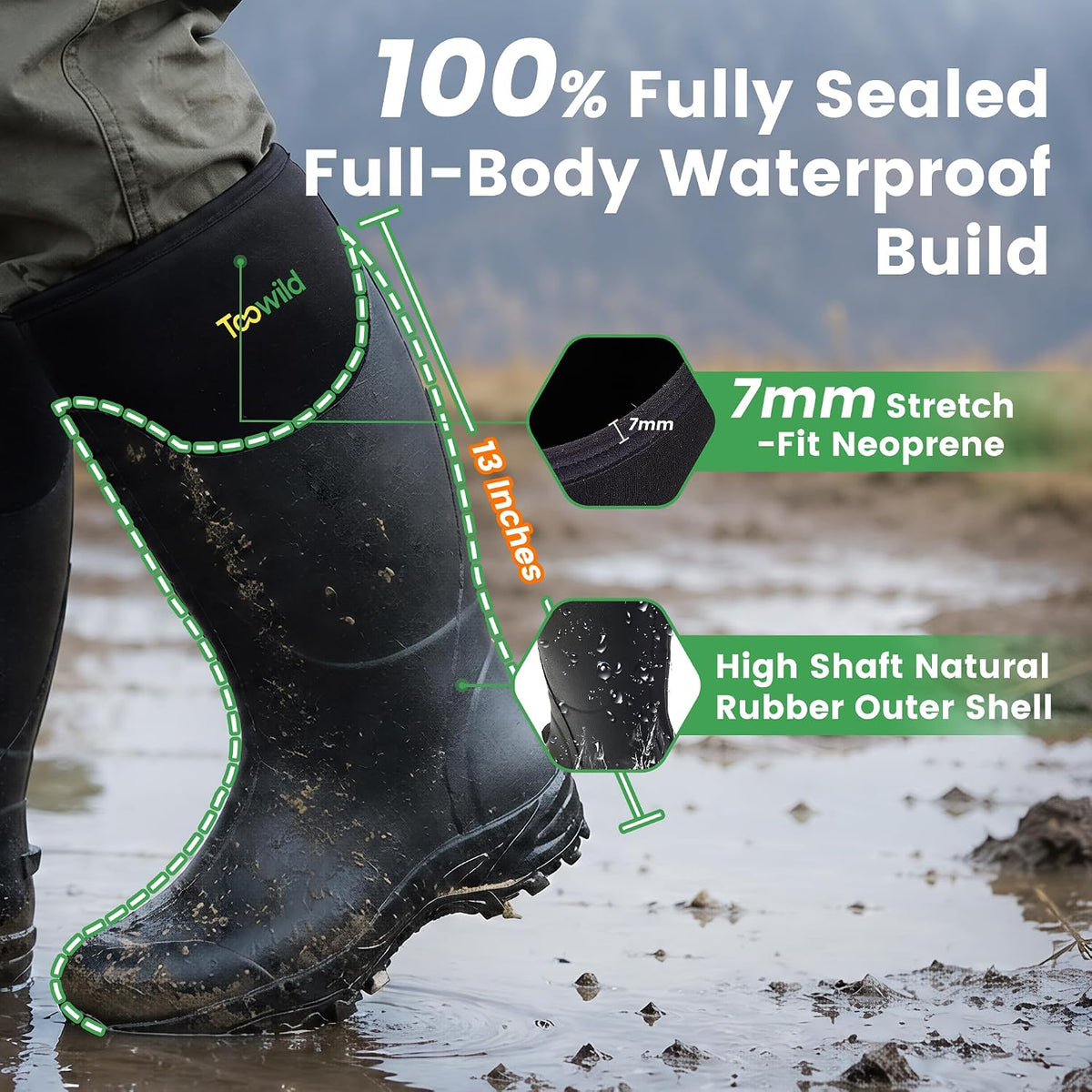 Toowild Men's Rubber Hunting Mud Boots, Multi-Season Waterproof Rain Boots