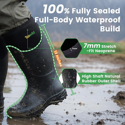 Toowild Men's Rubber Hunting Mud Boots, Multi-Season Waterproof Rain Boots