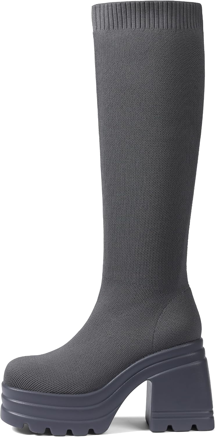 CELNEPHO Women Knee High Boots Knit Sock Chunky Heel Platform Tall Boots