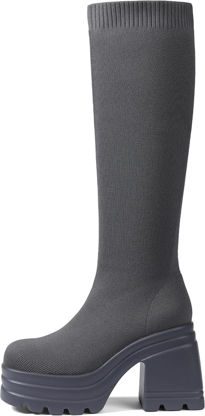 CELNEPHO Women Knee High Boots Knit Sock Chunky Heel Platform Tall Boots
