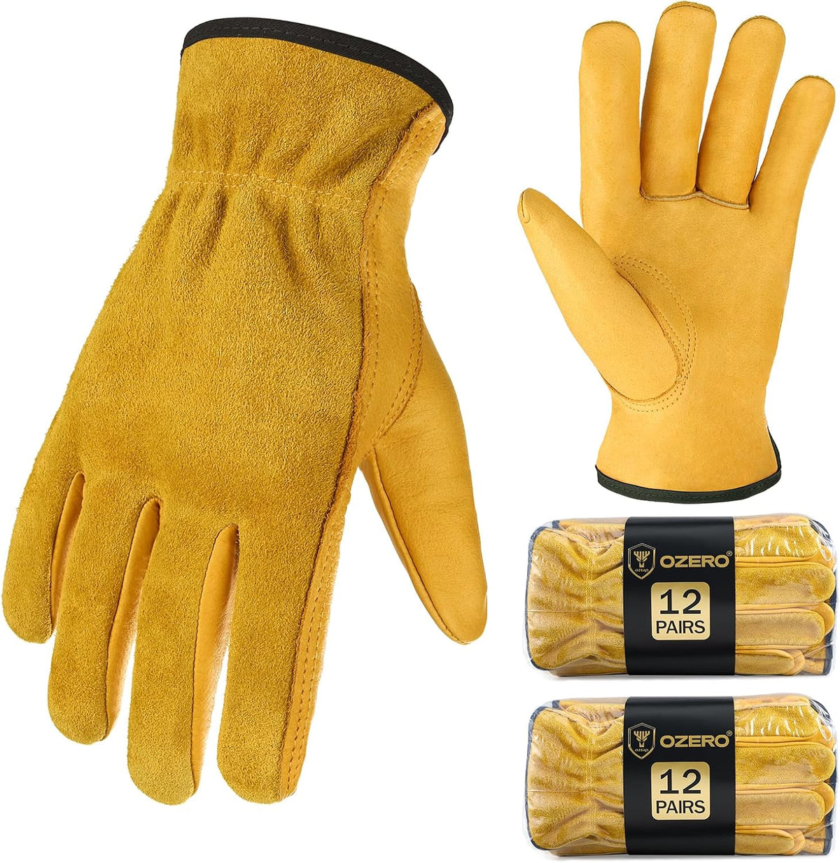 OZERO Leather Work Gloves Flex Grip Tough Cowhide Gardening Glove for Wood Cutting/Construction/Driving/Garden for Men and Women 1 Pair (Gold,Large)