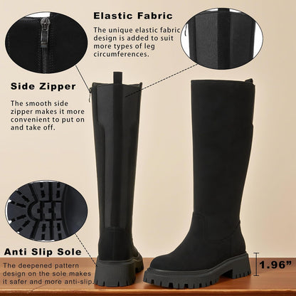 CELNEPHO Women Wide Calf Knee High Riding Boots Low Heel Platform Boots