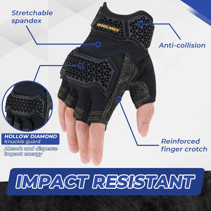 HANDLANDY Fingerless Work Gloves for Mens & Women, Uwrist Half Finger Shock-Absorbing Breathable Glove