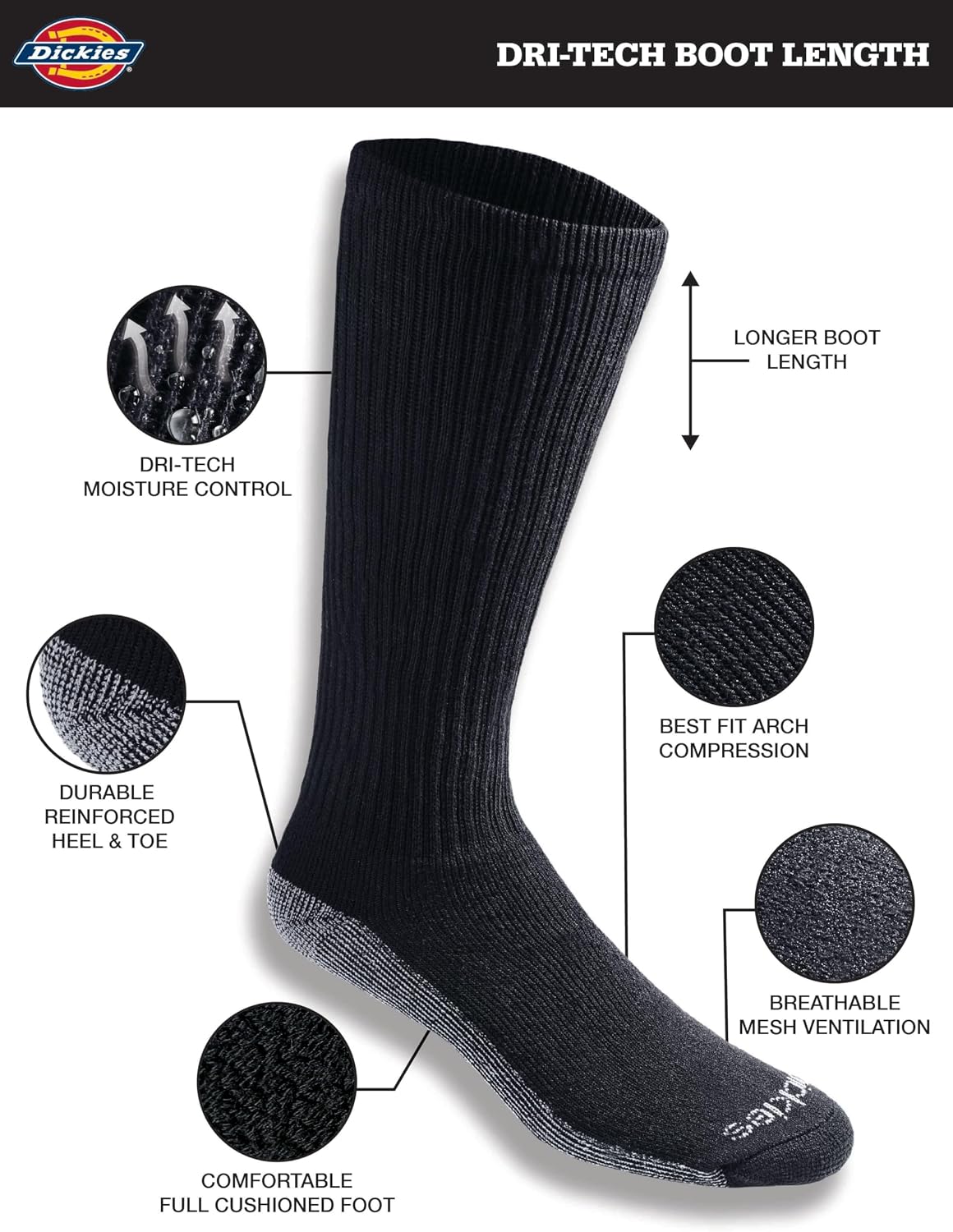 Dickies Men's Dri-Tech Moisture Control Boot-Length Socks, Available in L-XL (6, 12 Pairs)