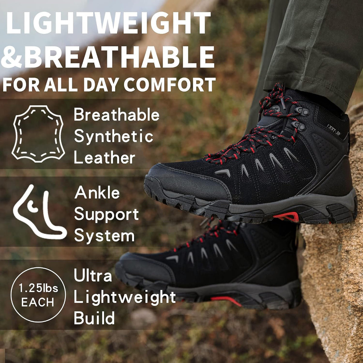 SHULOOK Men's Waterproof Hiking Boots Non-Slip Lightweight Mid Top Ankle Boot Breathable Hiker Trekking Shoes