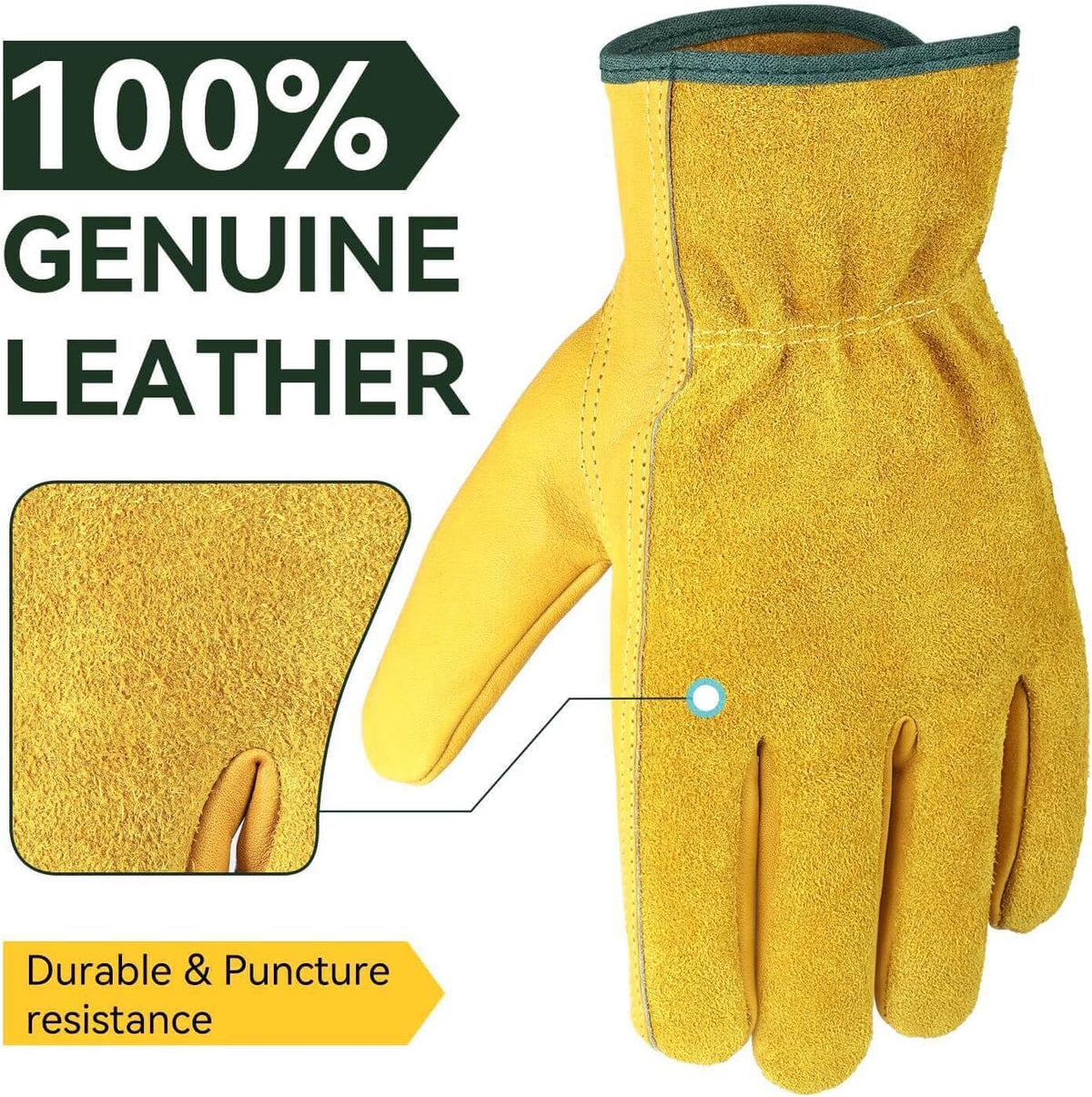 OZERO Leather Work Gloves Flex Grip Tough Cowhide Gardening Glove for Wood Cutting/Construction/Driving/Garden for Men and Women 1 Pair (Gold,Large)