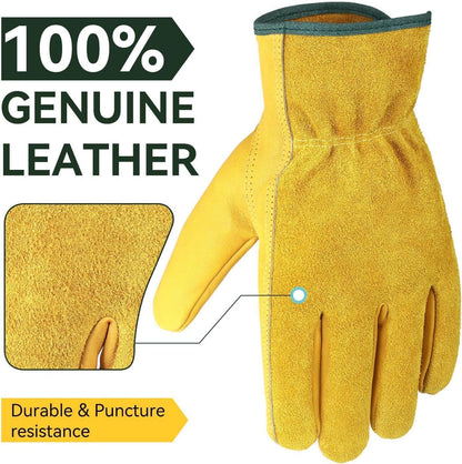 OZERO Leather Work Gloves Flex Grip Tough Cowhide Gardening Glove for Wood Cutting/Construction/Driving/Garden for Men and Women 1 Pair (Gold,Large)