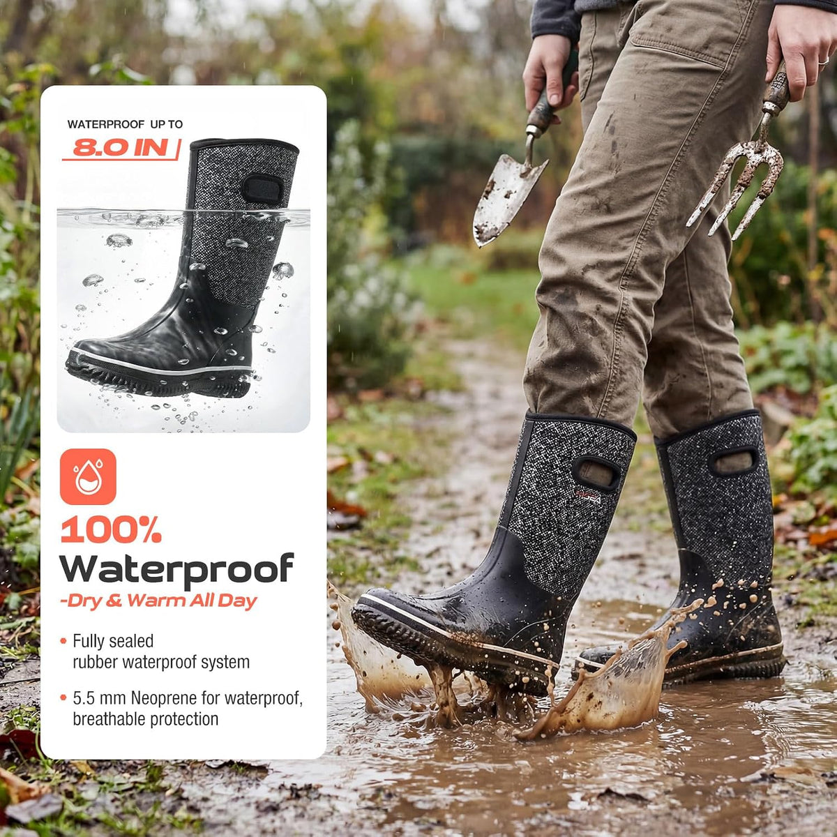 HISEA Women's Mud Rain Boots, Waterproof Insulated Rubber Garden Shoes