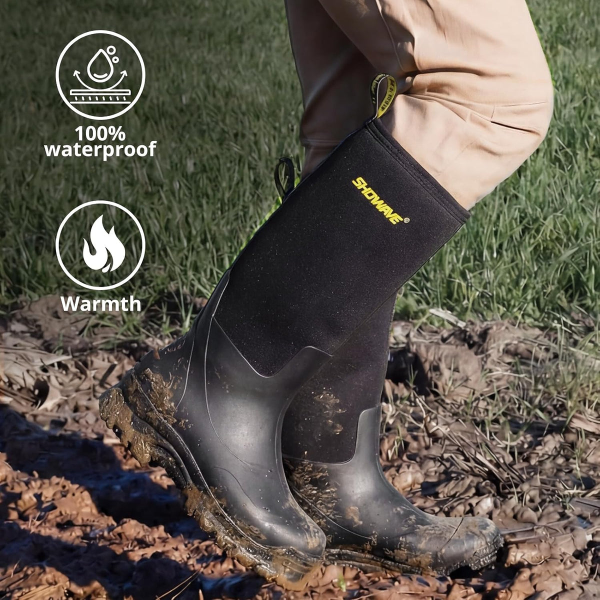 Showave Men's Rubber Boots Knee High Waterproof Insulated Rain Boots