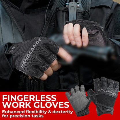 HANDLANDY Fingerless Work Gloves for Mens & Women, Uwrist Half Finger Shock-Absorbing Breathable Glove