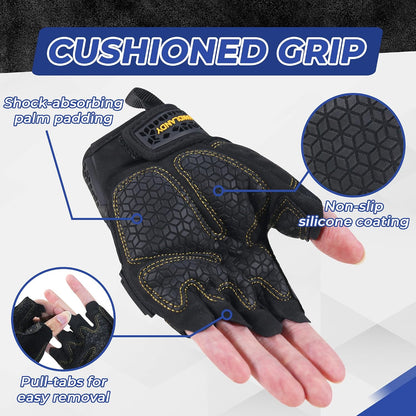 HANDLANDY Fingerless Work Gloves for Mens & Women, Uwrist Half Finger Shock-Absorbing Breathable Glove