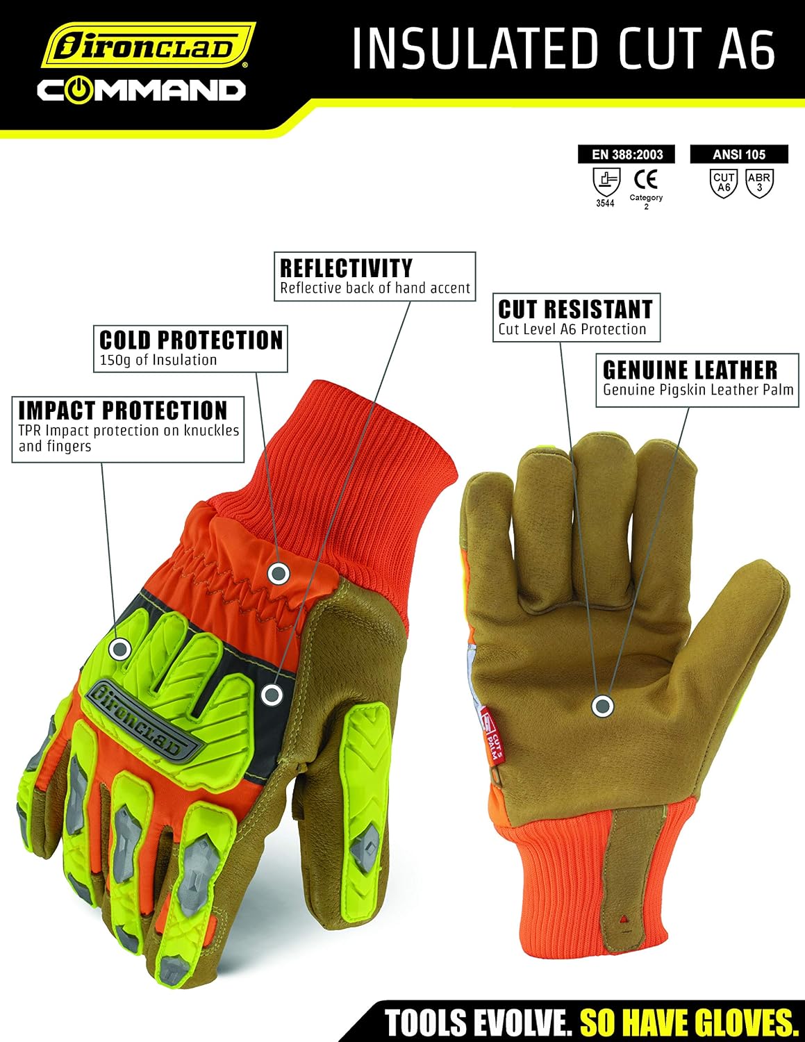Ironclad Insulated Leather Cut A6; Winter Work Gloves, TPR Impact Protection, Machine Washable, High-Visibilty, (1 Pair), IEX-HVIP5-04-L