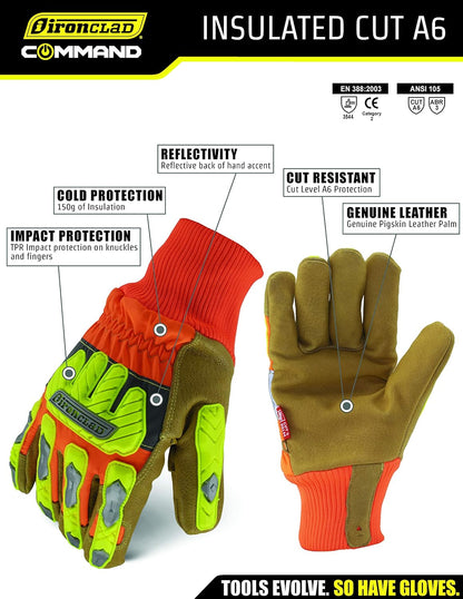 Ironclad Insulated Leather Cut A6; Winter Work Gloves, TPR Impact Protection, Machine Washable, High-Visibilty, (1 Pair), IEX-HVIP5-04-L