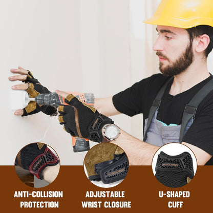 HANDLANDY Fingerless Work Gloves for Mens & Women, Uwrist Half Finger Shock-Absorbing Breathable Glove