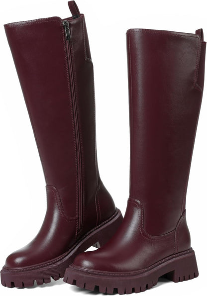 CELNEPHO Women Wide Calf Knee High Riding Boots Low Heel Platform Boots