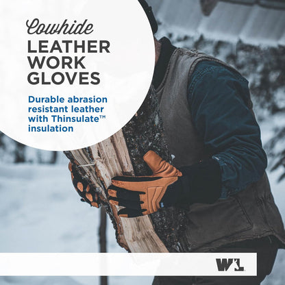 Wells Lamont Insulated Durable Leather Work Gloves - Water-Resistant HydraHyde Winter Gloves - 100% Grain Cowhide, 3M Thinsulate EC 150g, Puncture Resistant, Adjustable Wrist Strap - Large, 810LK