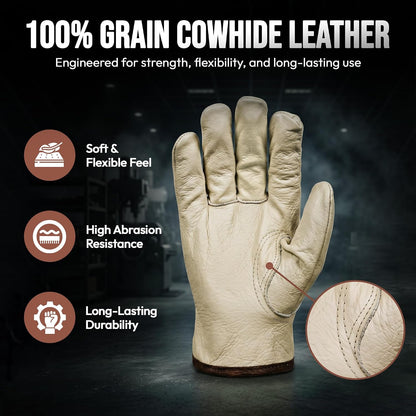 Toledano Industries 12 Pair Large Leather Work Gloves for Men, Heavy Duty