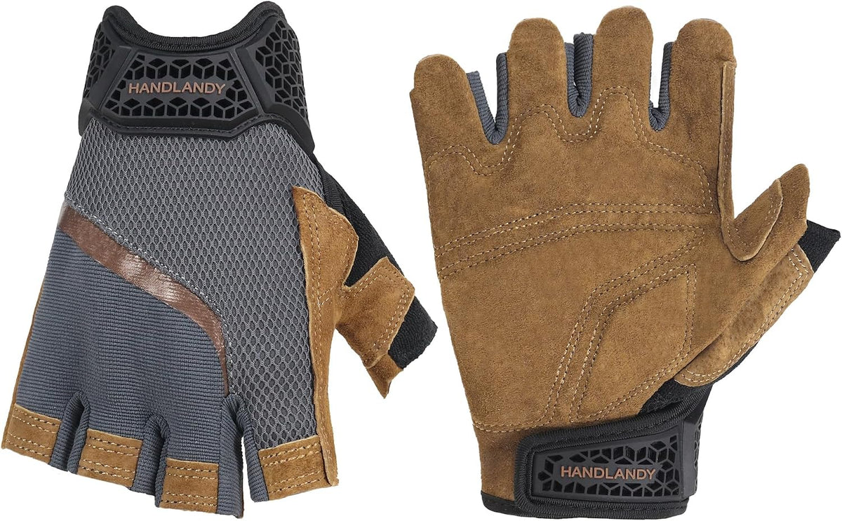 HANDLANDY Fingerless Work Gloves for Mens & Women, Uwrist Half Finger Shock-Absorbing Breathable Glove