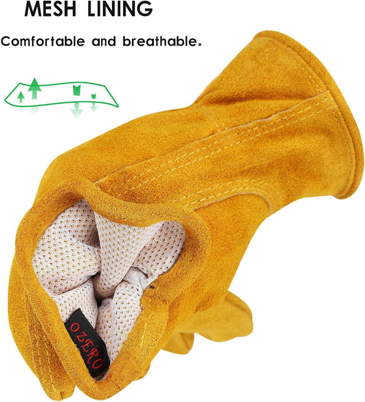 OZERO Leather Work Gloves Flex Grip Tough Cowhide Gardening Glove for Wood Cutting/Construction/Driving/Garden for Men and Women 1 Pair (Gold,Large)