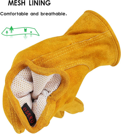 OZERO Leather Work Gloves Flex Grip Tough Cowhide Gardening Glove for Wood Cutting/Construction/Driving/Garden for Men and Women 1 Pair (Gold,Large)