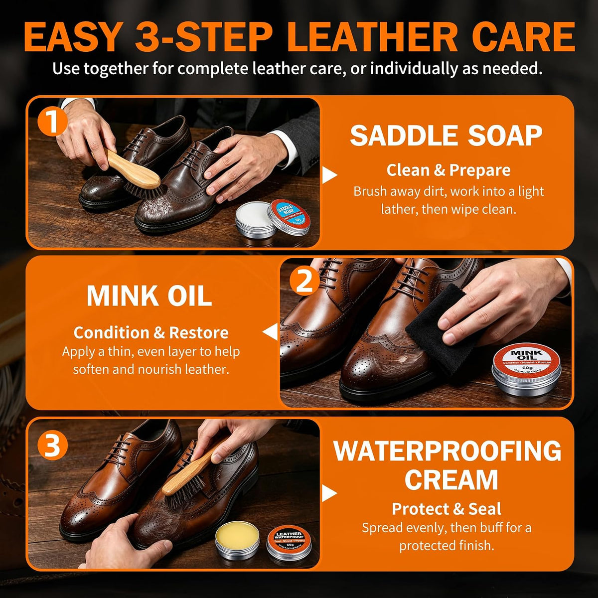 GleamGlee Leather Boot Care Kit, Saddle Soap, Mink Oil & Waterproof Wax Set