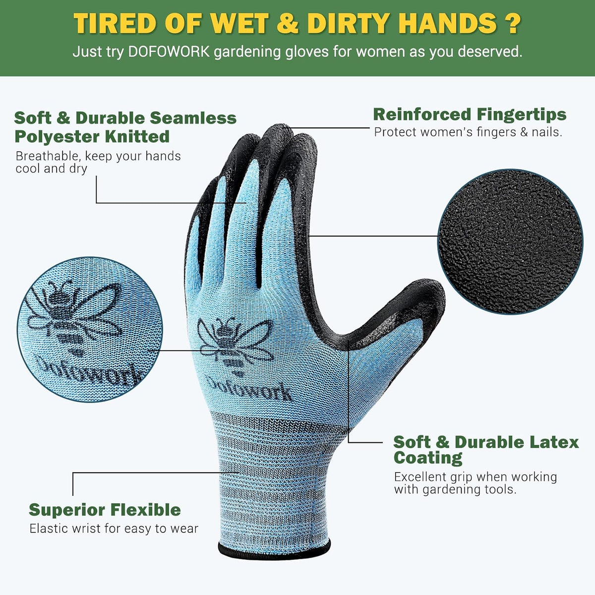 Dofowork Gardening Gloves - 6 Pair Gardening Gloves for Women/Men with Grip
