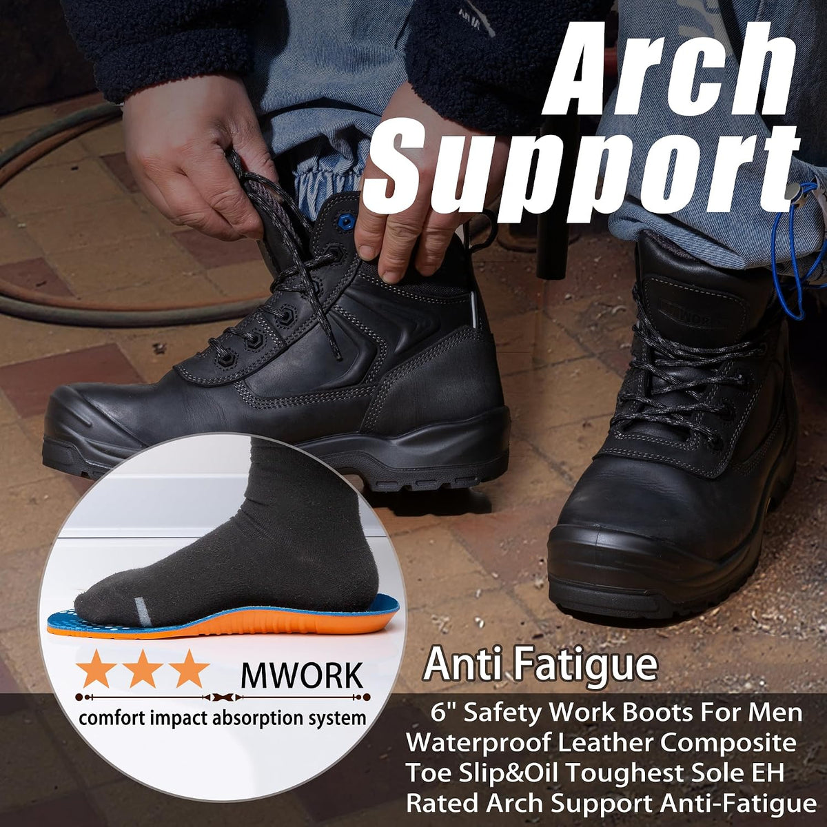 MWORK 6" Safety Work Boots For Men Water Resistant Composite Toe Puncture Resistant EH Non Slip No Metal ASTM F2413-18 Comfortable&Durable MW9276