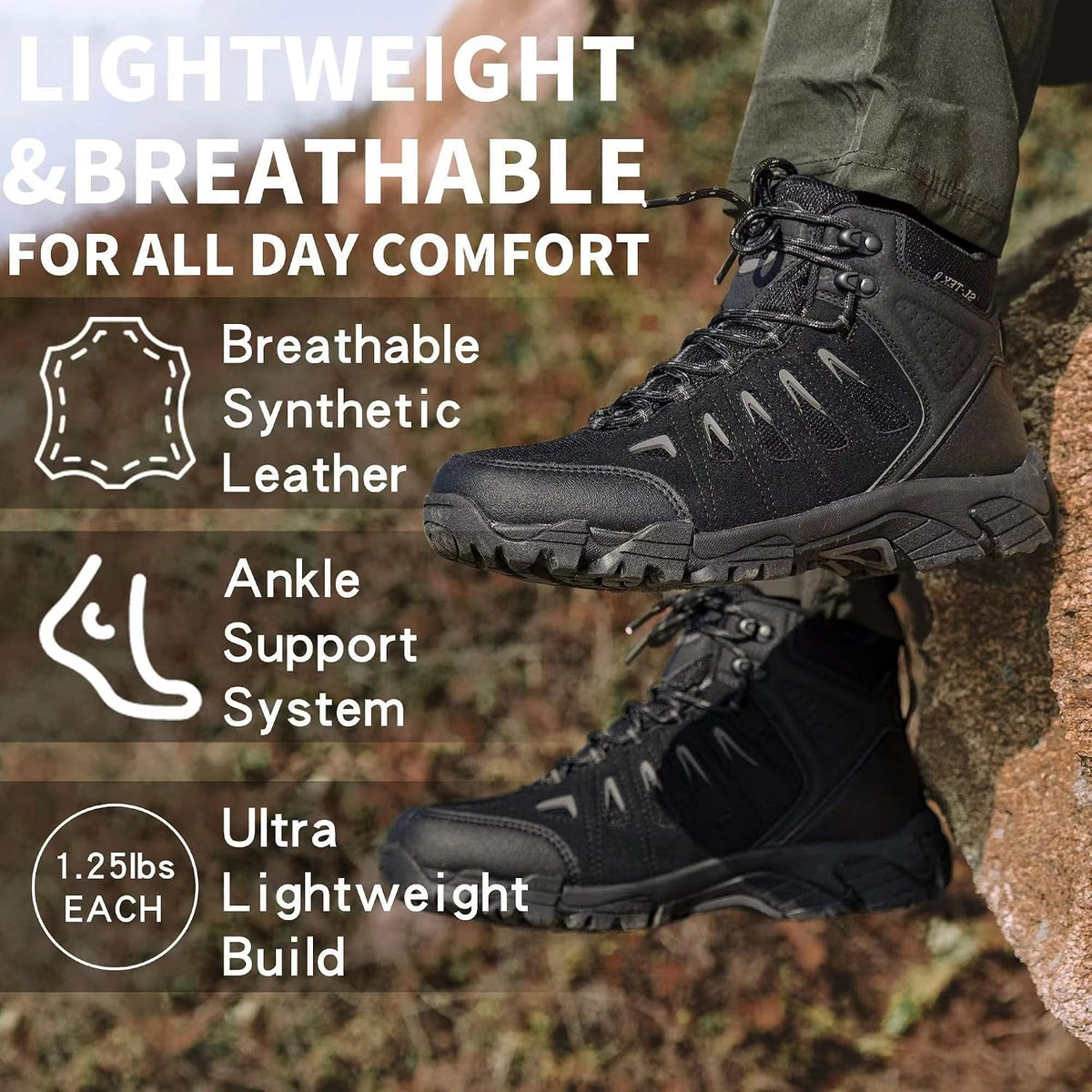 SHULOOK Men's Waterproof Hiking Boots Non-Slip Lightweight Mid Top Ankle Boot Breathable Hiker Trekking Shoes