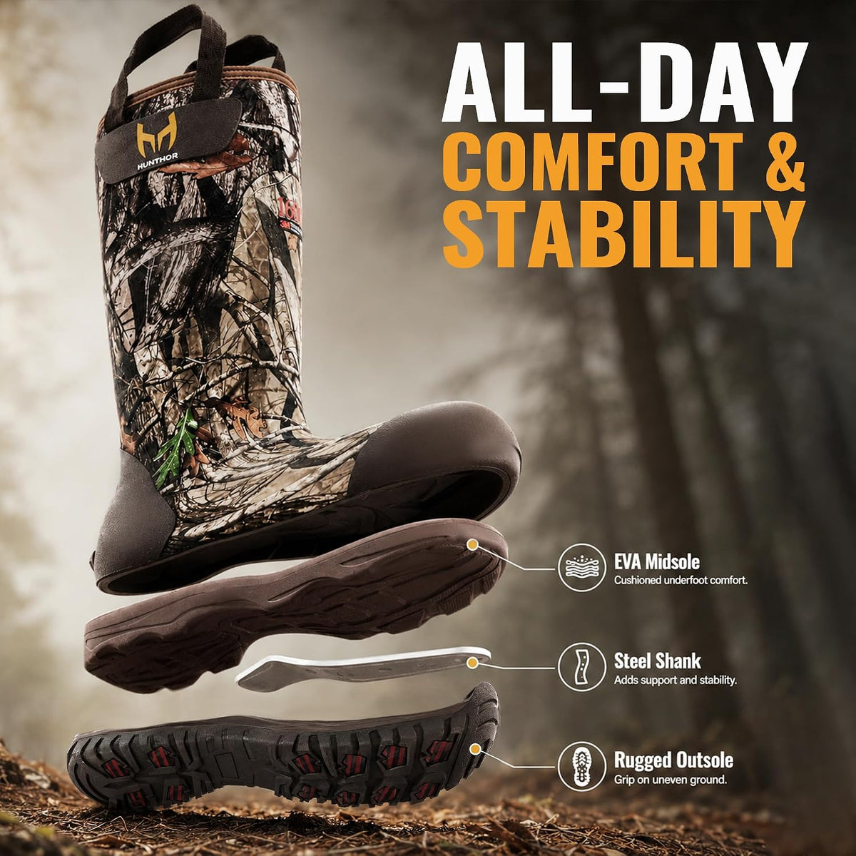 Hunthor Men's 1600G Insulated Waterproof Rubber Hunting Boots